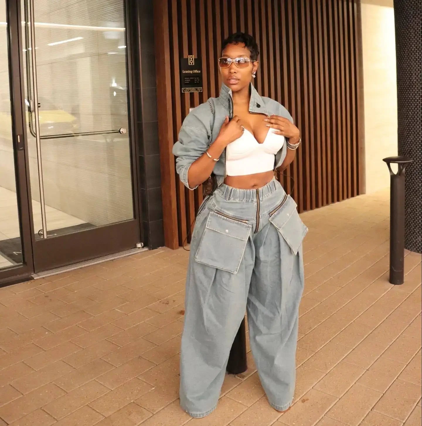 Denim Two Piece Sets Jacket Wide Leg Pants