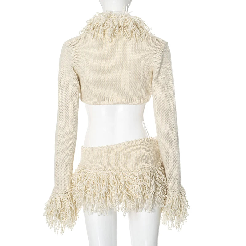 New French Knit Sexy Set Tie Cardigan Long Sleeve Navel Top + Fashion Sexy Mini Skirt Set For Y2K Hottie Girl Wear