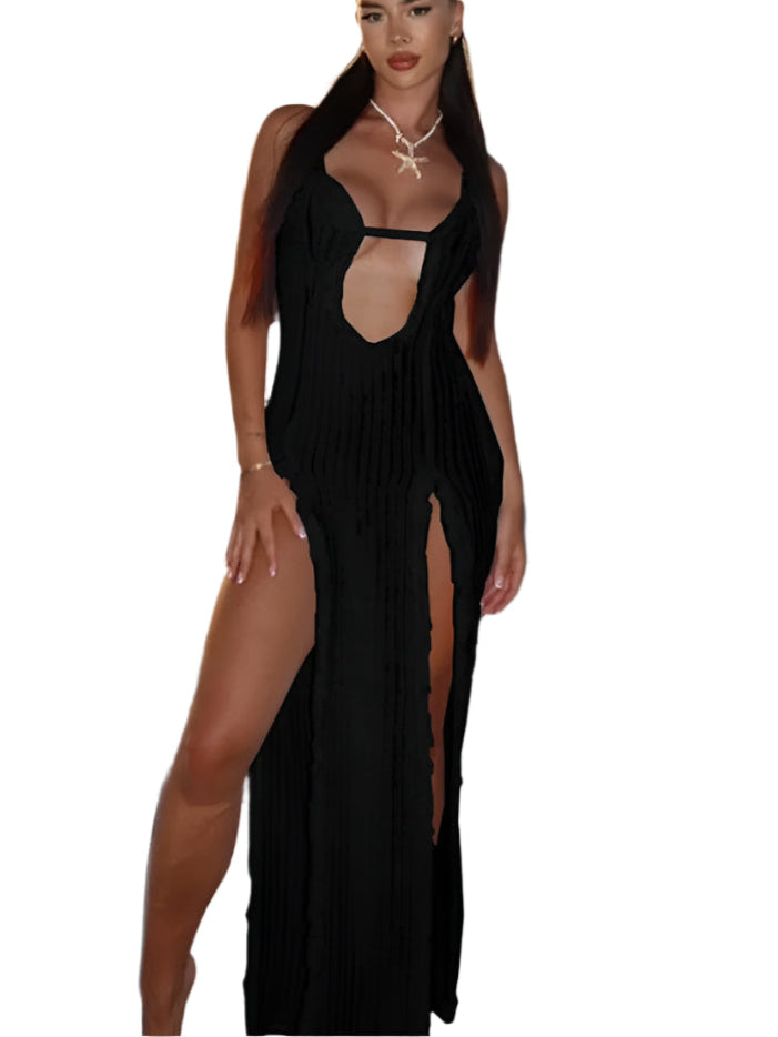 Cut Out Slit Cami Maxi Dress Vacation Outfits Summer Women's See Through M-Split Beach Cover-Ups Dress