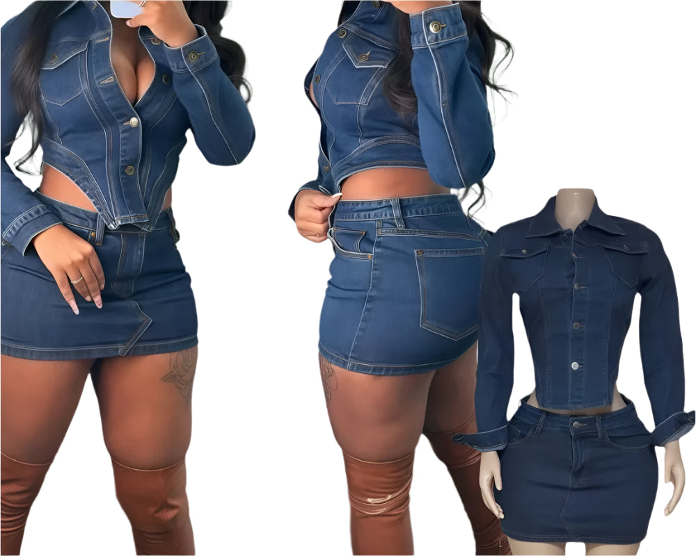 Fashion Denim Two Piece Set for Women Buttons Pocket Irregular Patchwork Crop Jacket + Skirt Female Streetwear Clothing