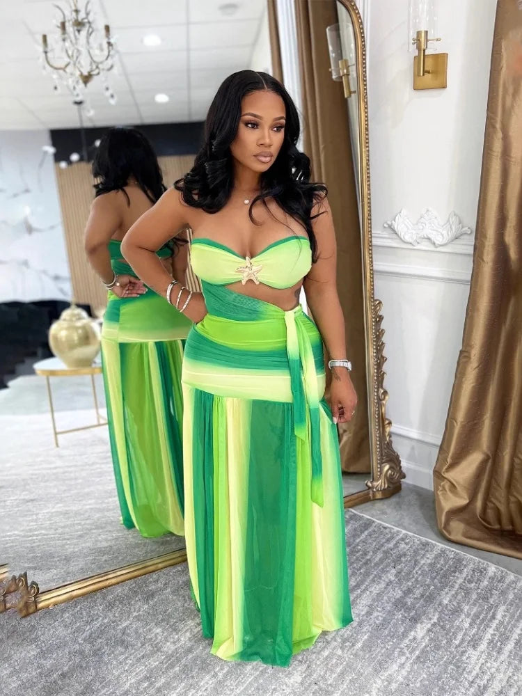 Two Piece Sets Women Wholesale Sexy and Elegant Vacation Fashion Strapless Gradient Casual Pleated Dress