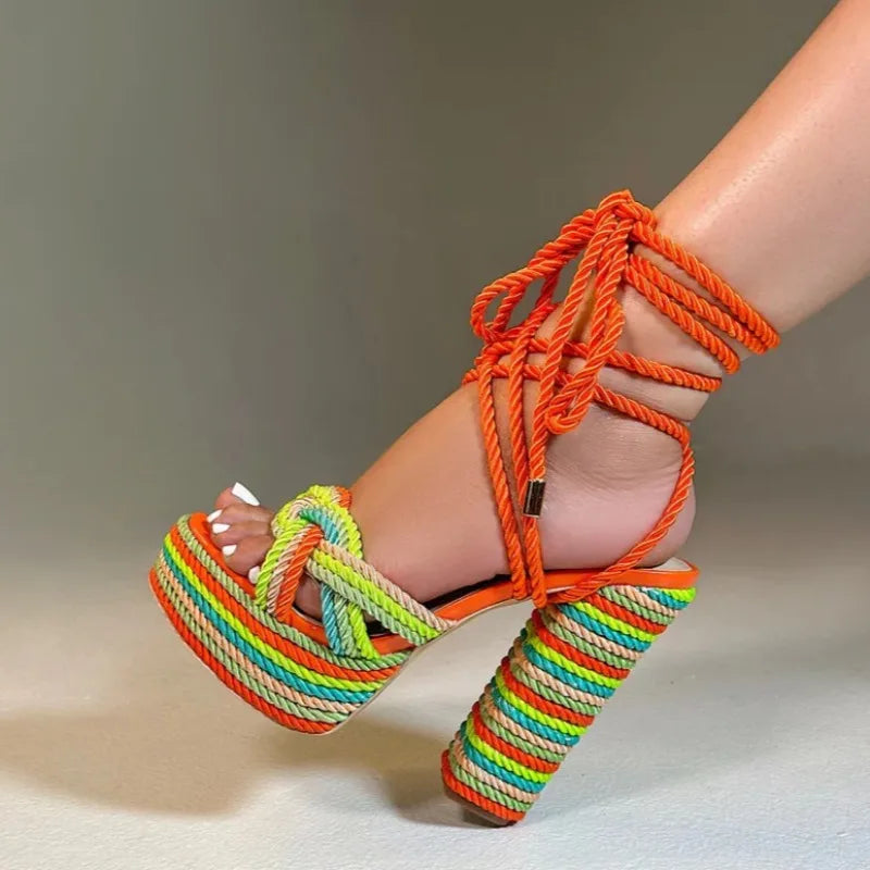 Colored Rope Woven Cross Strap Sandals Women High-heeled Shoes