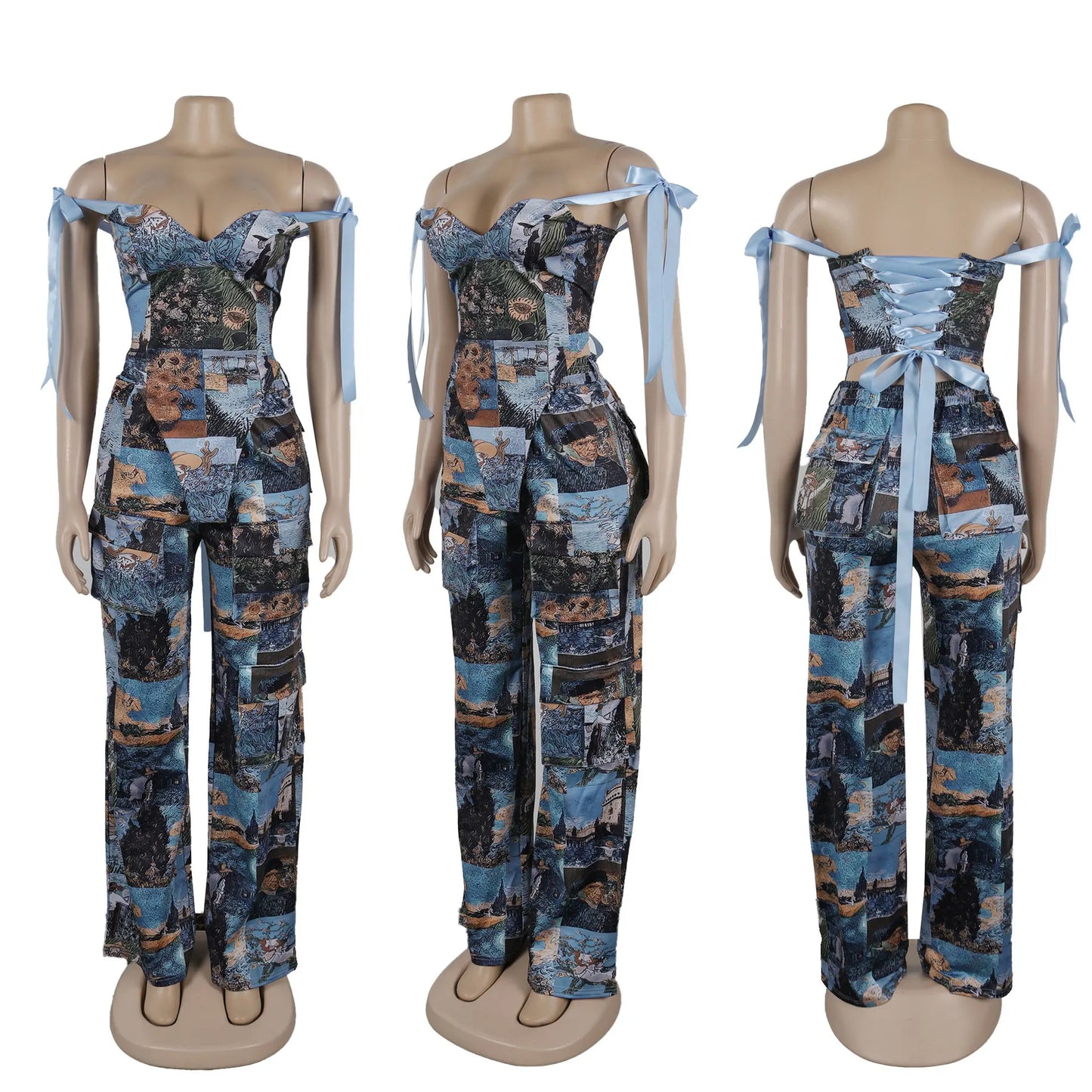 Oil Painting Printed Women's Set Lace Up Back Crop Top and Pants Suit Two 2 Piece Sets Outfit Tracksuit