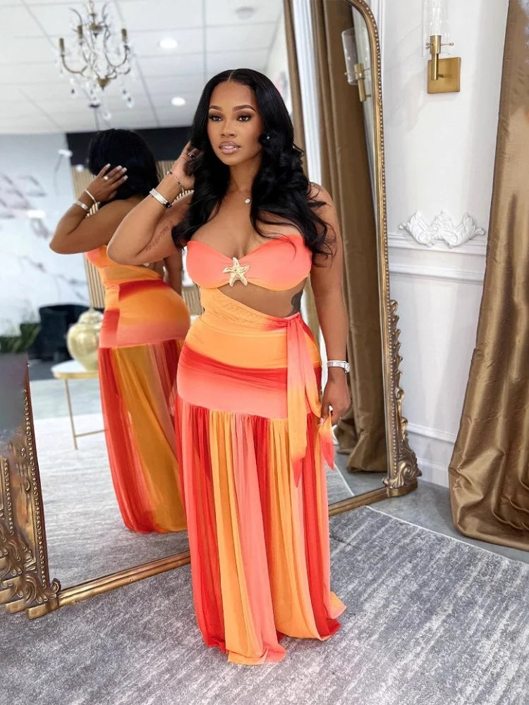 Two Piece Sets Women Wholesale Sexy and Elegant Vacation Fashion Strapless Gradient Casual Pleated Dress