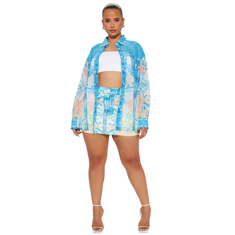 Fashion Galaxy Paisley Printed Women's Set Long Sleeve Shirt and Bodycon Midi Mini Skirts 2024 Two 2 Piece Sets Outfits
