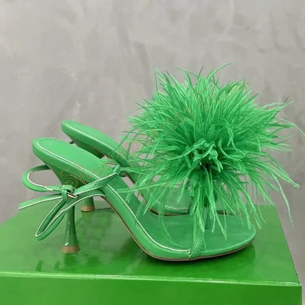 Feather Decor Ankle Strap Sandals Stilettos High heels Shoes
