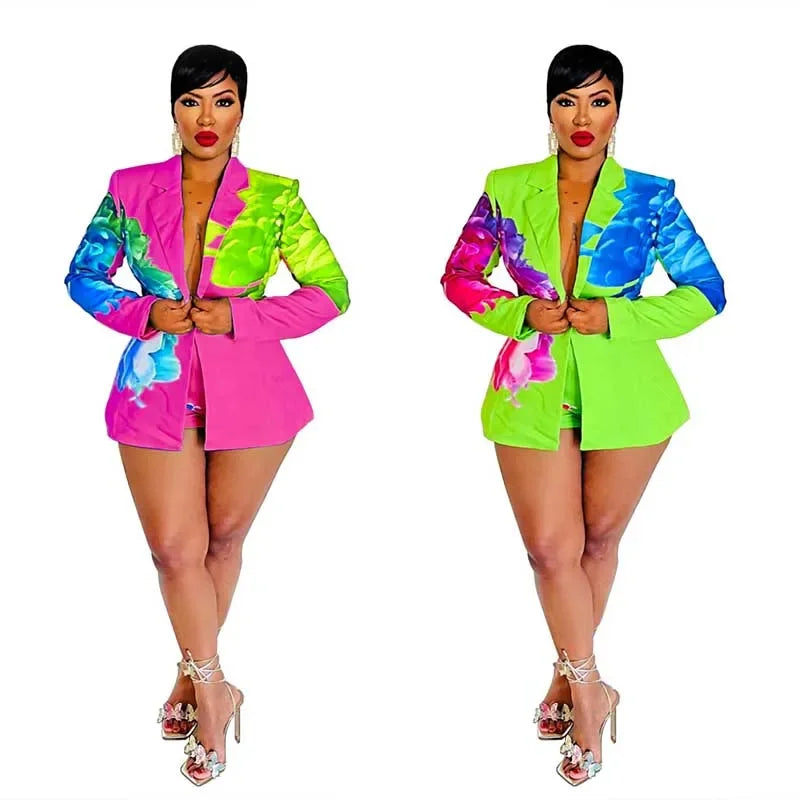 Floral Print 2 Piece Sets Women Outfit Elegant Office Lady Blazer Coat and Short Suits Club Party Matching Sets Conjuntos Curtos