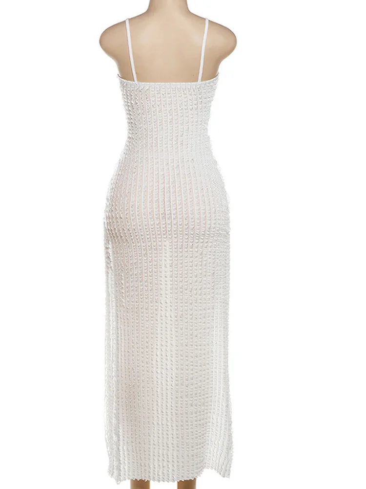 Cut Out Slit Cami Maxi Dress Vacation Outfits Summer Women's See Through M-Split Beach Cover-Ups Dress