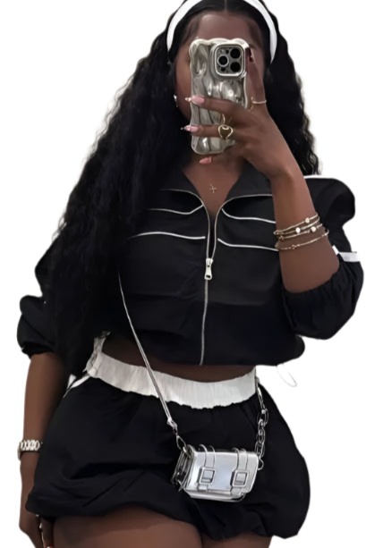 Summer New Casual 2 Piece Sets Woman Outfit Long Sleeve Zip Crop Jacke and Bubble Puff Skirt Tracksuits Female Jogger