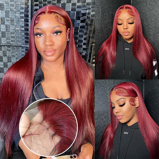 Straight 13x4 Lace Front Wigs Human Hair HD Lace Burgundy Red Color Glueless Wigs Human Hair 100% PrePluckd For Black Women