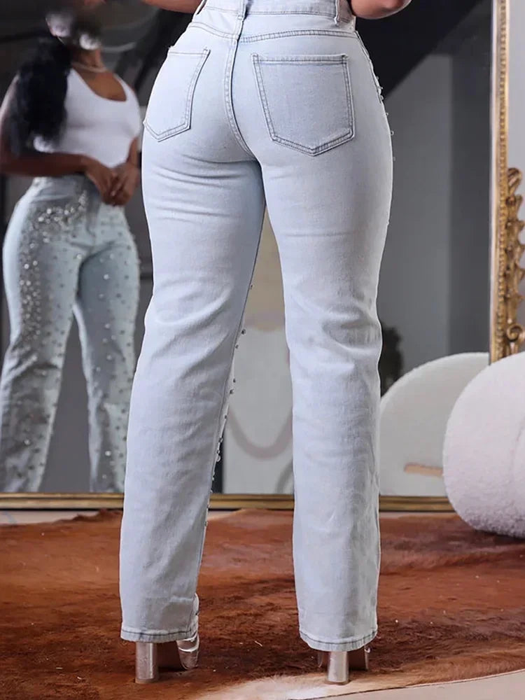 Spoken Dreams: Plus Size Women's Bead Denim High Waist Jeans