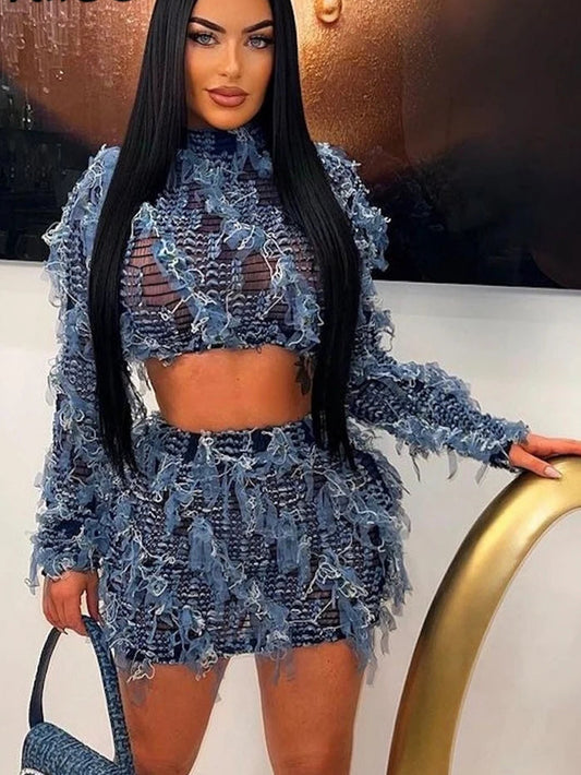 Tassel 2 Piece Set Women Trend Chic Long Sleeve O-neck Crop Tees+High Waist Slim Skirts Female Street Stunning Outfit
