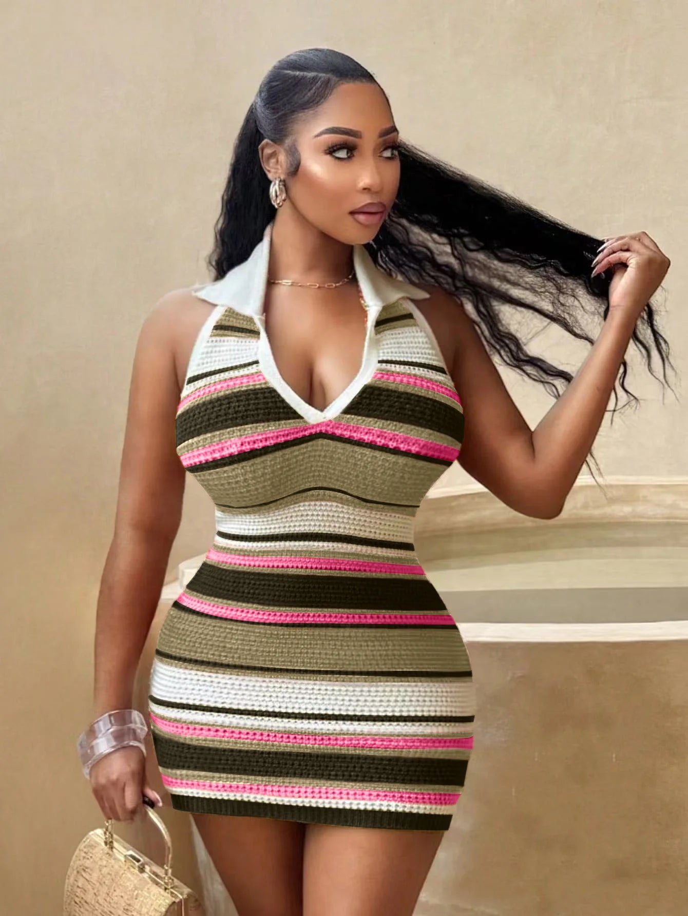 Women Sleeveless Striped Knit V-neck Tank Bodycon Mini Dress 2025 Summer Beach Vacation Birthday Sexy Party Dresses