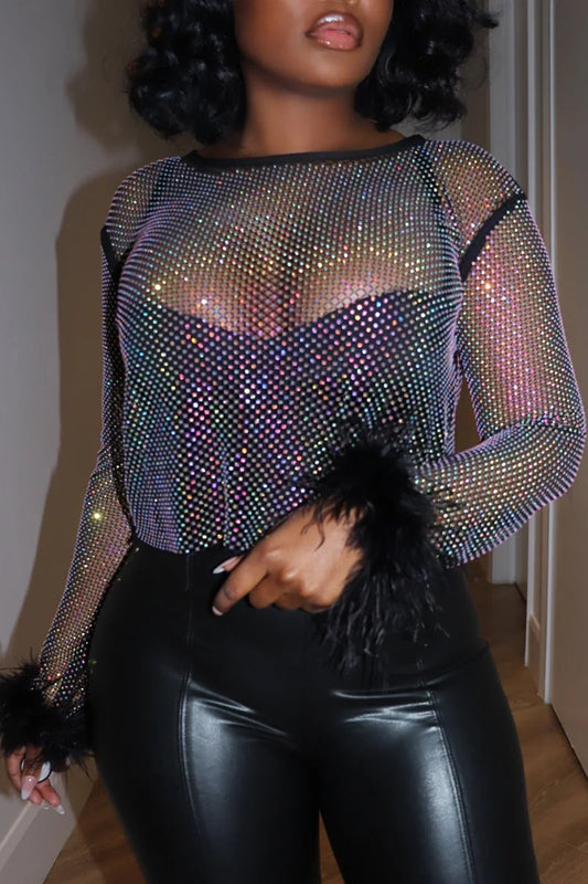 Spoken Dreams: Women's Feather Sheer Long Sleeve Casual Tops