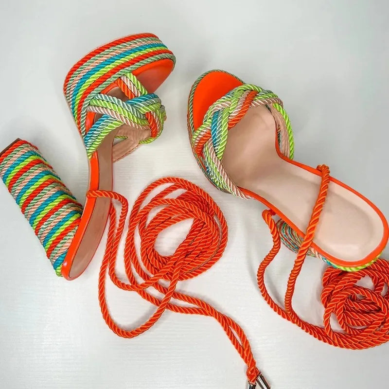 Colored Rope Woven Cross Strap Sandals Women High-heeled Shoes