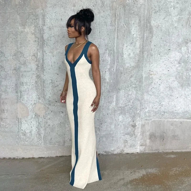 Elegant Strap Sleeveless High Waist Slit Bodycon Evening Dress Sexy V Neck Corset Party Dress for Women