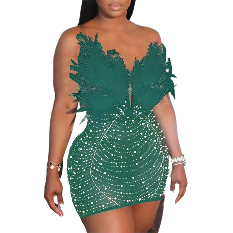 Sexy Feathers Rhinestones Backless Diamond Sheer Mesh Bodycon Dresses for Woman Rave Club Birthday Party Night Vestidos