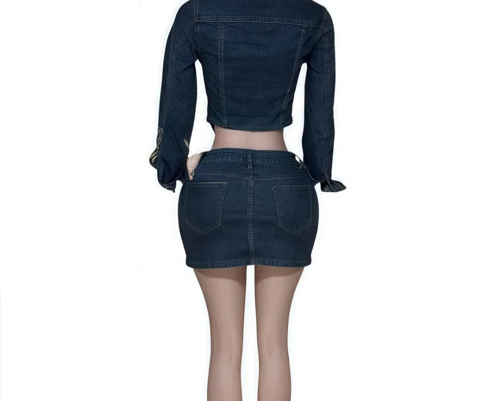 Fashion Denim Two Piece Set for Women Buttons Pocket Irregular Patchwork Crop Jacket + Skirt Female Streetwear Clothing
