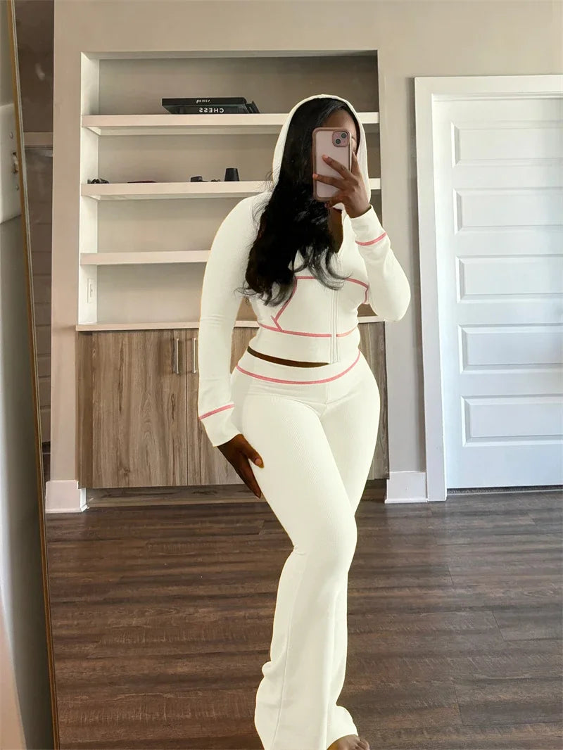 Spoken Dreams:Women Hoodie Crop Top Flare Pant Sets Casual Tracksuits
