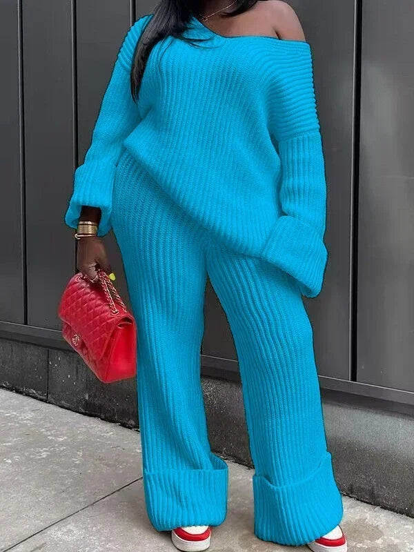 Spoken Dreams: Knit Ribbed Women's Long Sleeve V-neck Sweater Sets