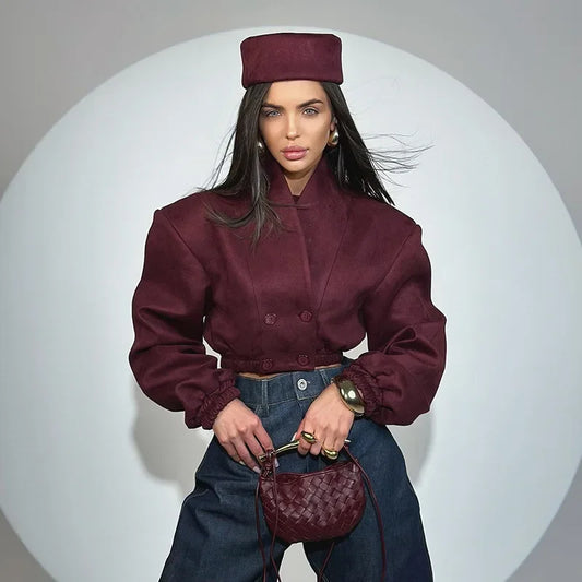 Spoken Dreams:Burgundy V-neck Double-breasted Long-sleeve Crop Jacket