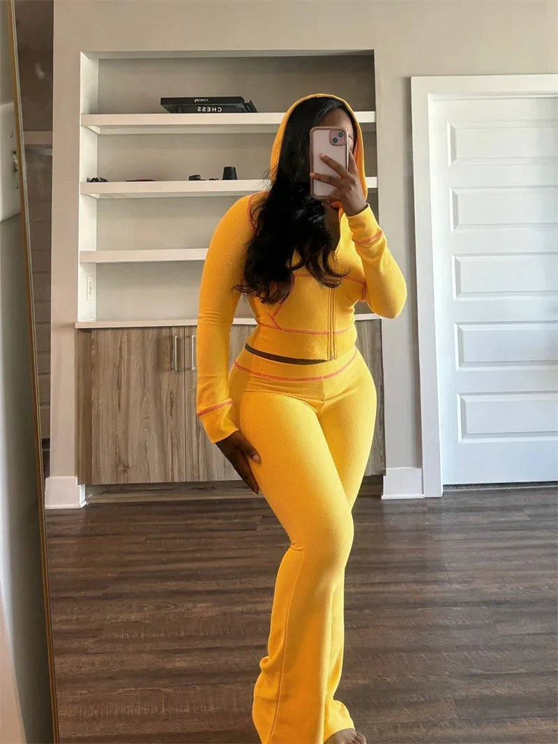 Spoken Dreams:Women Hoodie Crop Top Flare Pant Sets Casual Tracksuits