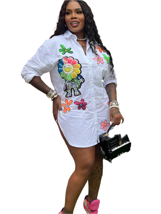 Women's  Beading Shirt Collar Blouses Top Elegant White Floral Embroidery Embellished Petals Print Shirt Dress