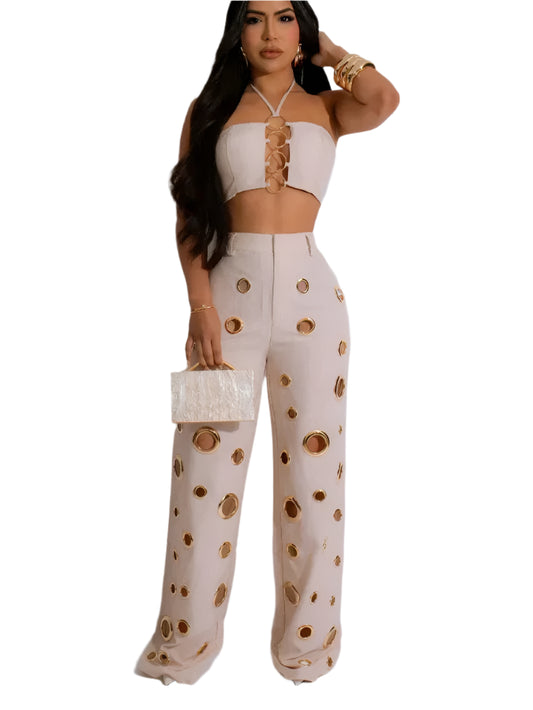 Women Set Sleeveless Strapless Tops +Wide Leg Pants Two 2 Piece Set Hole Hollow Out Outfit Summer Sexy Street Tracksuit