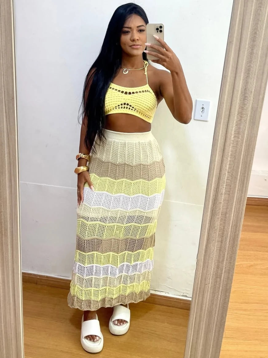 Women's Set Strap Sleeveless Crop Top + bodycon midi maxi long Skirt 2025 Beach Two 2Piece Set