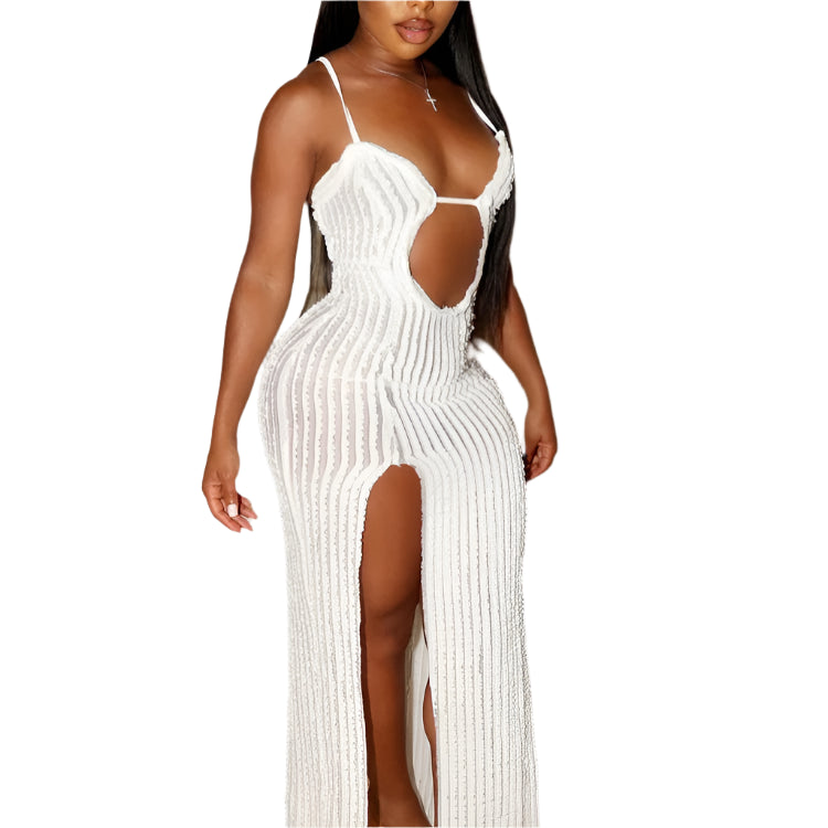 Cut Out Slit Cami Maxi Dress Vacation Outfits Summer Women's See Through M-Split Beach Cover-Ups Dress