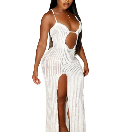 Cut Out Slit Cami Maxi Dress Vacation Outfits Summer Women's See Through M-Split Beach Cover-Ups Dress