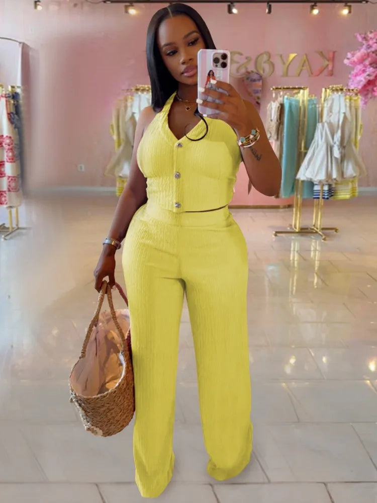 Casual Backless Halter Tie-Front Top and Wide Leg Pants Matching Tracksuits Streetwear S-XXL