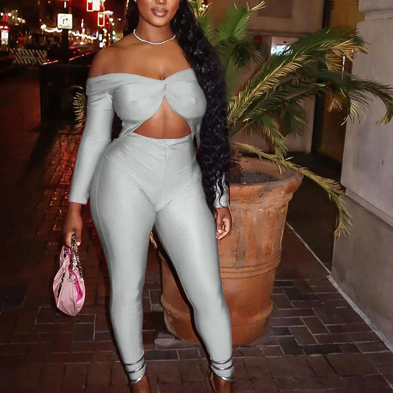 Sexy Off the Shoulder Birthday Jumpsuit for Women Night Club Outfit Party Hollow Out Ruched Skinny Long Sleeve Rompers Full Body