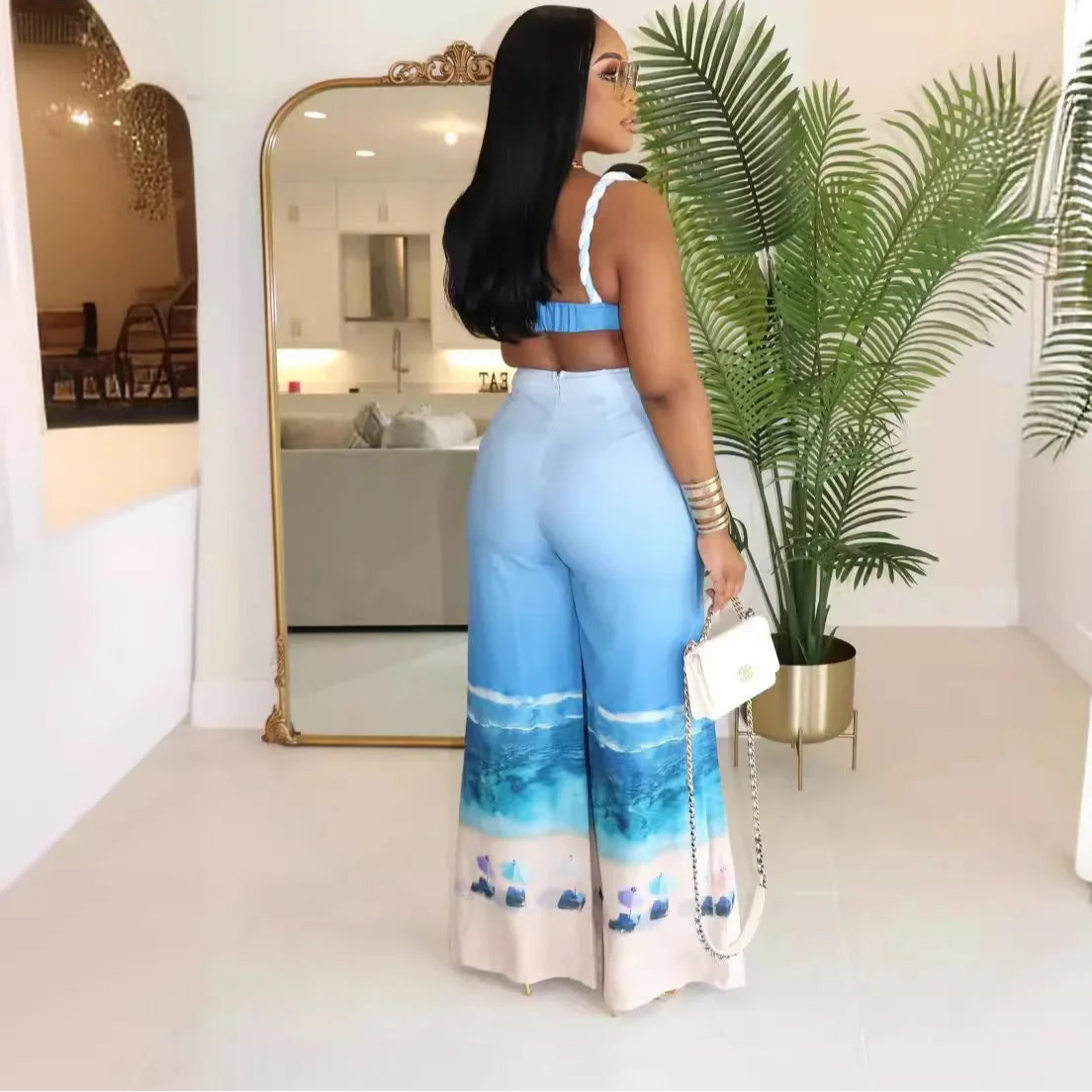 Summer Women's Set Beach Print Sleeveless Strapless Tops +Wide Leg Pants Suits Street Two 2 Piece Sets Bohemian Outfits