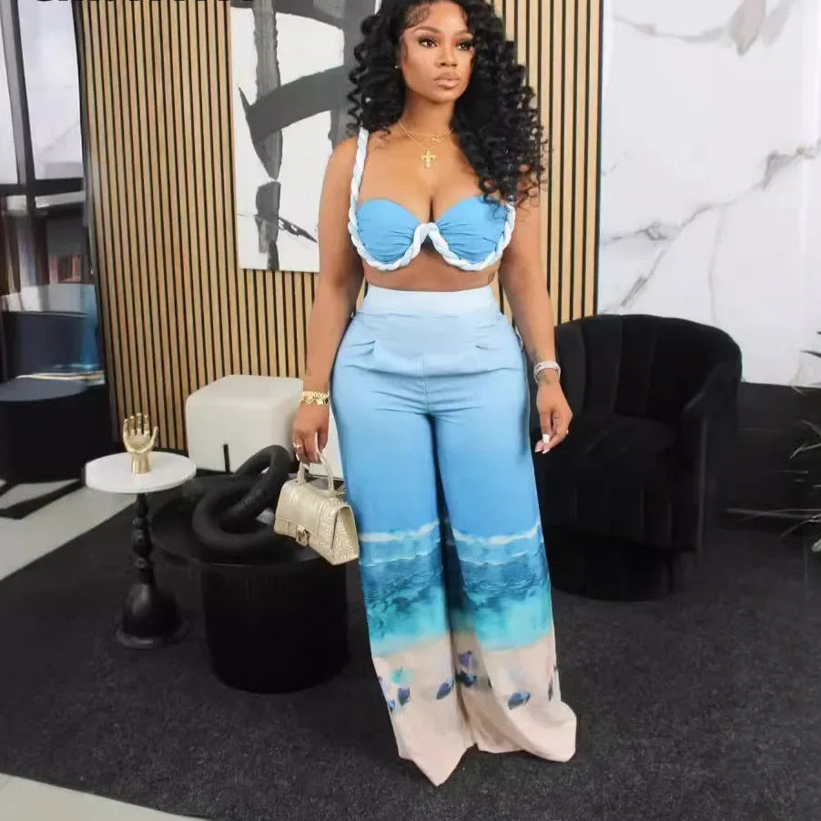 Summer Women's Set Beach Print Sleeveless Strapless Tops +Wide Leg Pants Suits Street Two 2 Piece Sets Bohemian Outfits