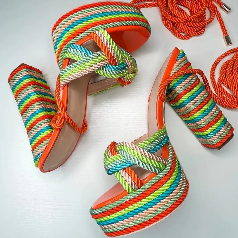 Colored Rope Woven Cross Strap Sandals Women High-heeled Shoes