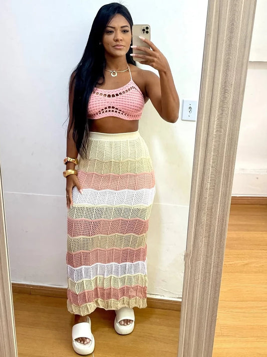 Women's Set Strap Sleeveless Crop Top + bodycon midi maxi long Skirt 2025 Beach Two 2Piece Set Outfit