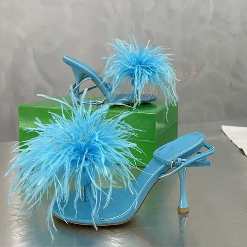 Feather Decor Ankle Strap Sandals Stilettos High heels Shoes