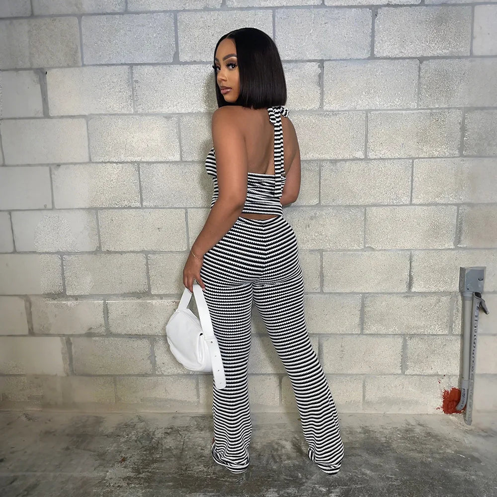 Fashion Women's Set Strapless Halter Striped Top + Pants Suit 2025