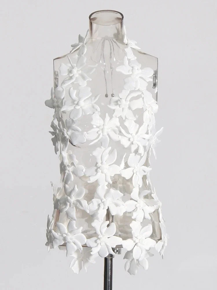 3D Flower Cutout Sexy Vest for Women Halter Sleeveless Backless Off Shoulder Patchwork Lace Up Summer Top Female new