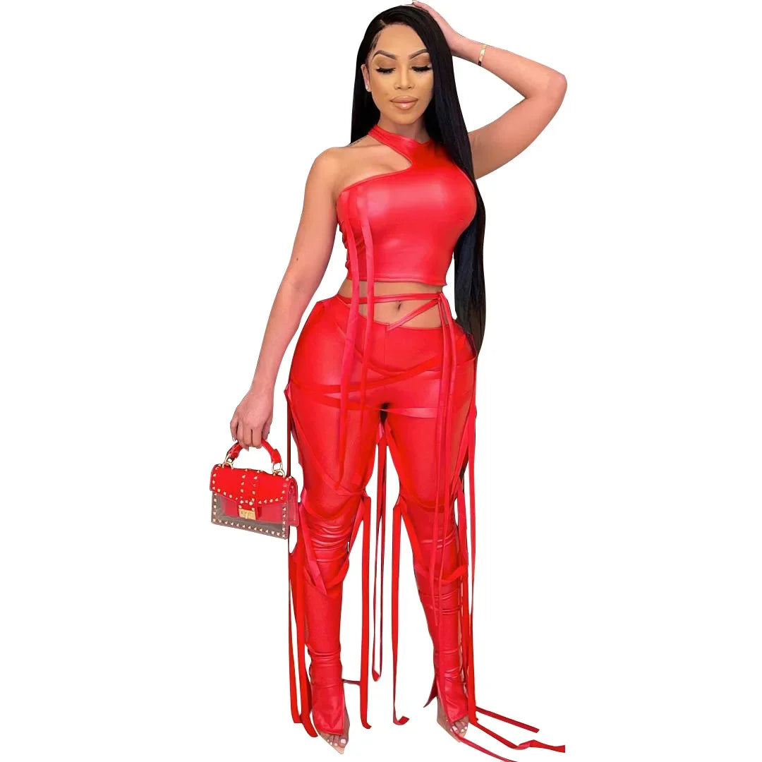 Faux Leather Women's Set Drawstring Lace Up Slit Leggings Pants Suit and Crop Top Street Tracksuit Two Piece Set Outfit