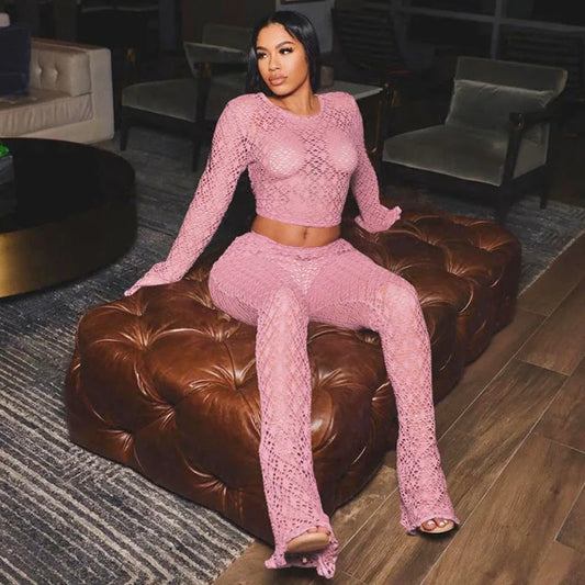 Women  Lace Long Sleeve Crop Top and Flare Pants Rave Outfit