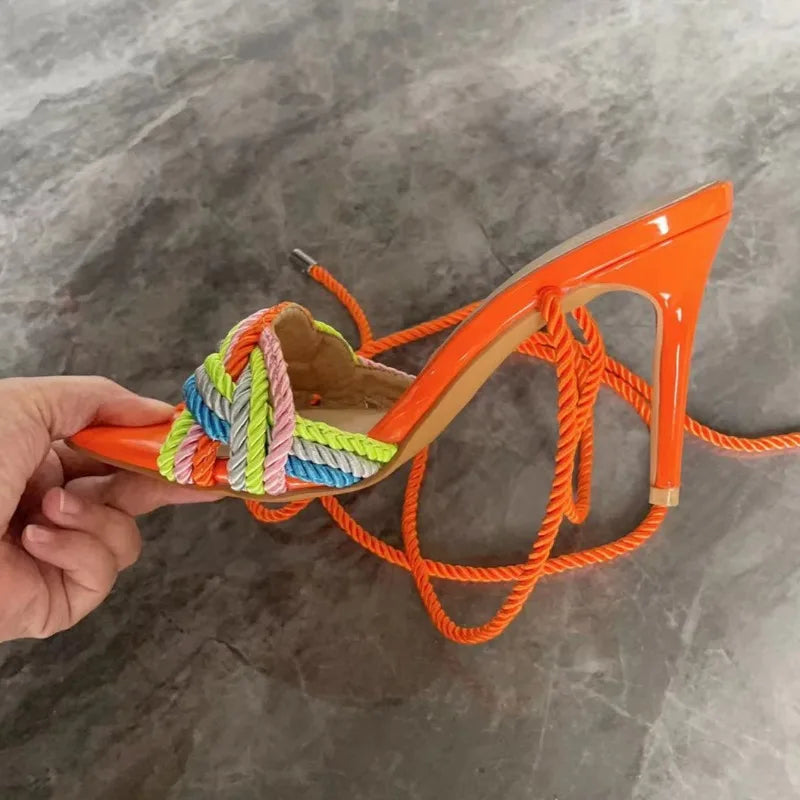 Colored Rope Woven Cross Strap Sandals Women High-heeled Shoes