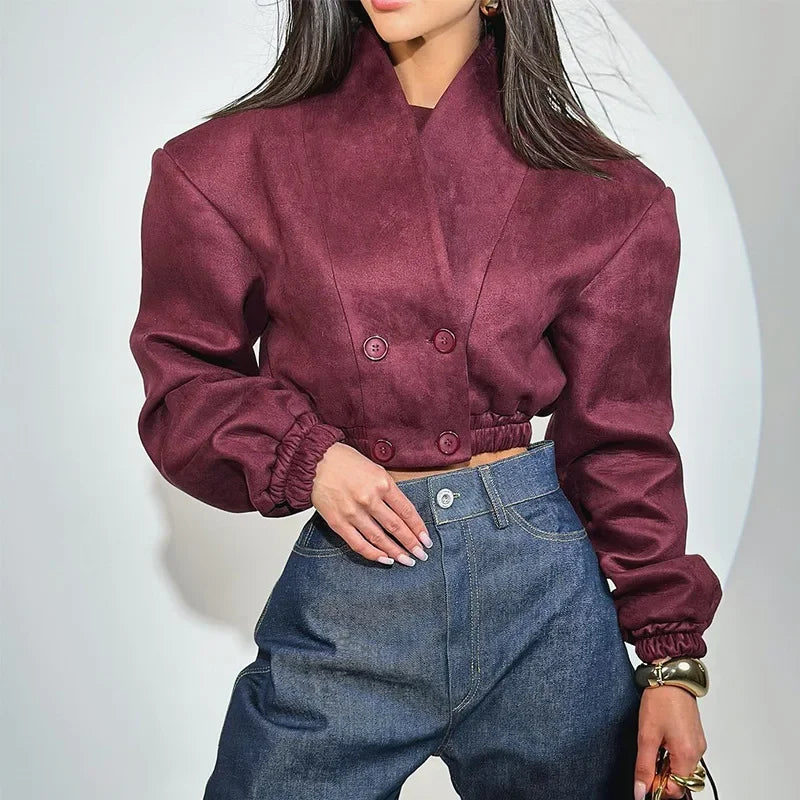 Spoken Dreams:Burgundy V-neck Double-breasted Long-sleeve Crop Jacket