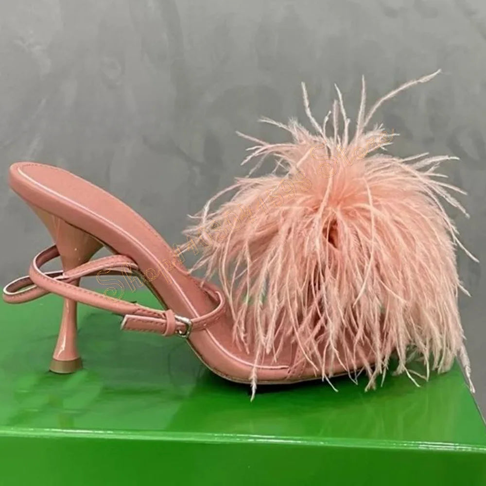 Feather Decor Ankle Strap Sandals Stilettos High heels Shoes