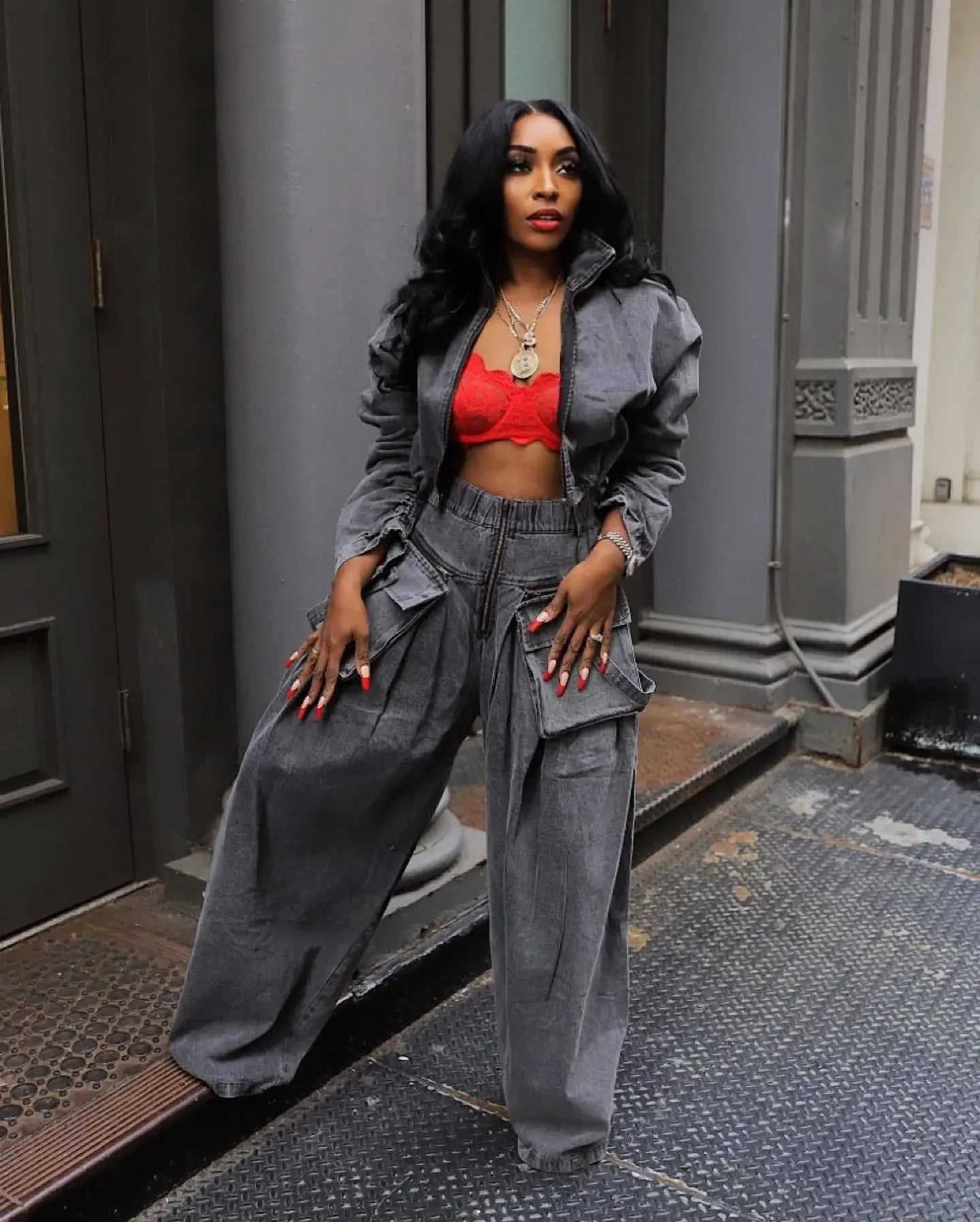 Denim Two Piece Sets Jacket Wide Leg Pants