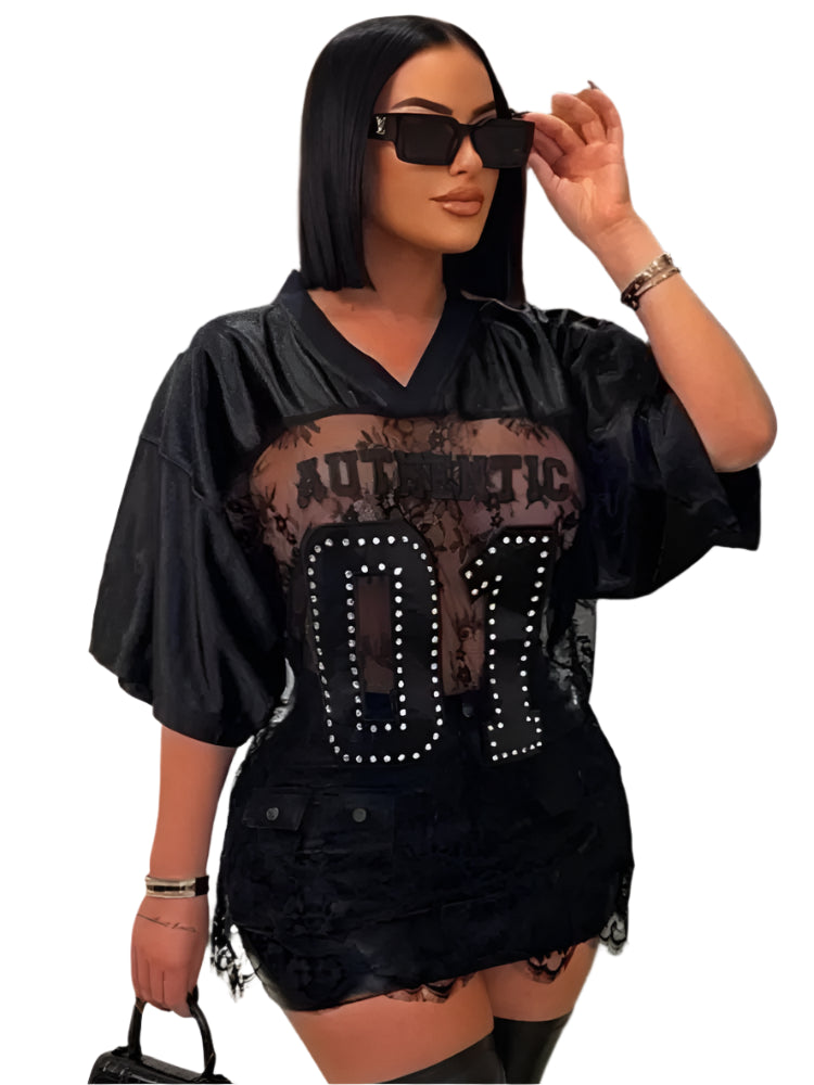 Letter Print T-Shirts Top Women 2025 Spring Summer V-Neck See Through Backless Loose Short Sleeve Y2K Sexy Trend Streetwear Tops