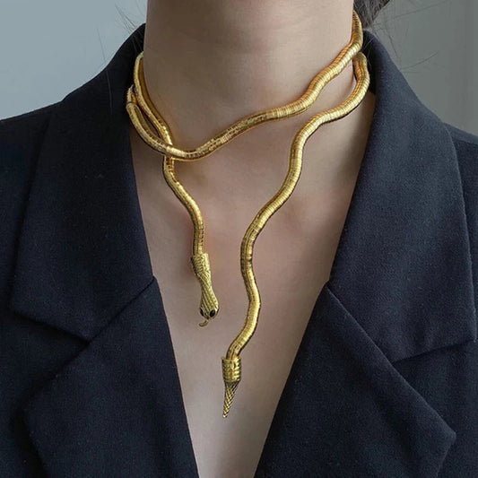 New Punk Multilayer Metal Alloy Gold Black Color Cool Bendy Snake Necklace Bracelet for Women Men Chunky Jewelry