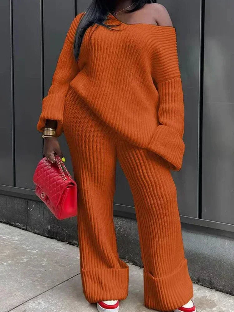Spoken Dreams: Knit Ribbed Women's Long Sleeve V-neck Sweater Sets
