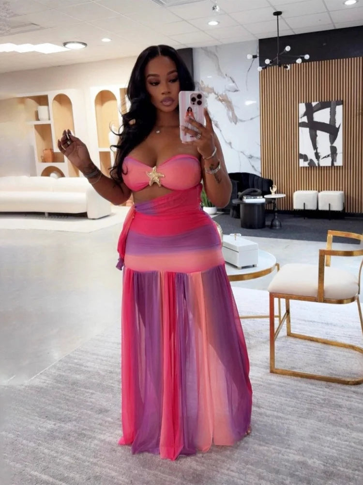 Two Piece Sets Women Wholesale Sexy and Elegant Vacation Fashion Strapless Gradient Casual Pleated Dress